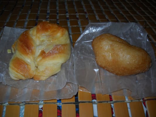 shrimp dumpling on right and almond twisted bread on left