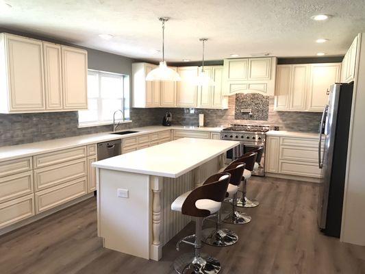 Beautiful kitchen with signature pearl cabinets and crystal salt Countertops.