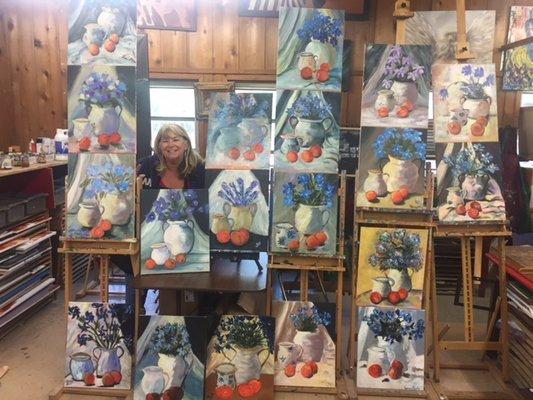 We bring in special guest artists several times a year.....This is Jane Slivka...We had a blast learning her style of painting!