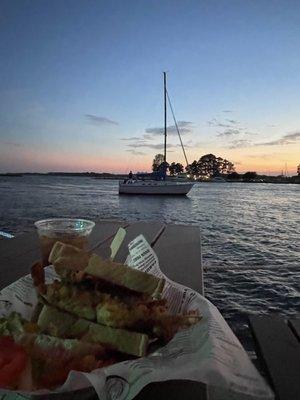 September evening eating a soft shell sandwich.