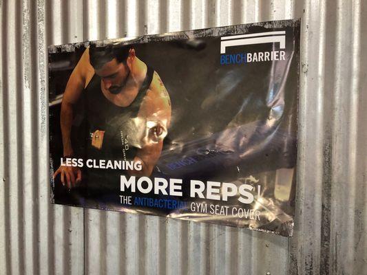 Poster on wall: funny sign to me since "cleaning" in a gym has a different meaning, as in "clean and jerk".