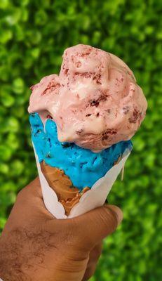 Red Velvet Cake & Cookie Monster Ice Cream on a cinnamon sugar cone.