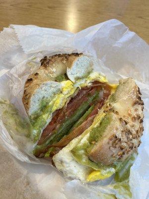 BLT on an onion bagel with avocado and egg added // good