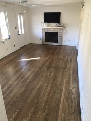 Hardwood Floors stained a light color and finished with 3 coats of polyurethane.