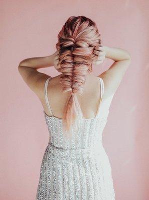 Pink hair fishtail braid