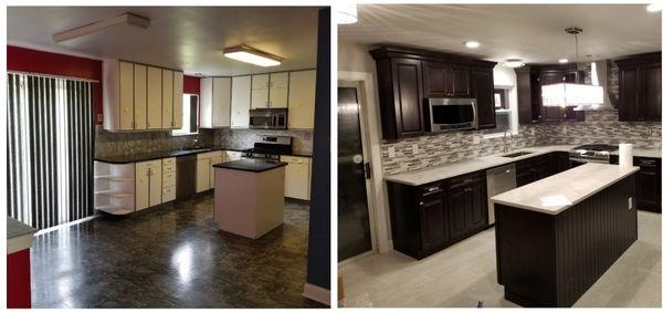 Remodel kitchen with backsplash and recessed lights.