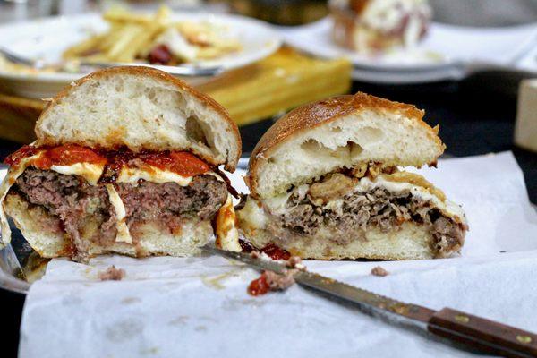 Bistro Burger (left) and Prime Rib Melt (right) cross-section