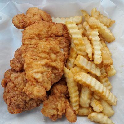 Fried pork chops (boneless) dinner with fries and salad