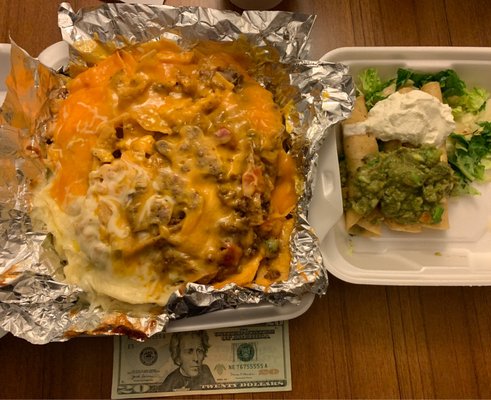 HALF Monster Kong Nacho and 3 a la carte flautas - $20 bill for scale