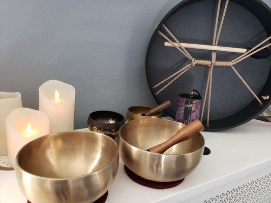 Tibetan singing bowls & Buffalo bass drum used for Sound Therapy