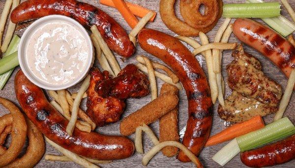 Party Sets up to 10 people
 includes up to 16pcs Bratwursts Sausages, 30pcs Chicken Wings, 18 Mozzarella Sticks, 3 Onion Rings, 5 Fries