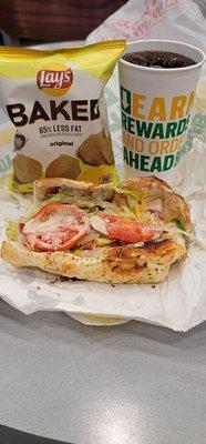 Chicken bacon ranch 6 inch with a twist No ranch add garlic aioli Italian herbscheese toasted lettuce tomato  Chips and drink 6/15/23