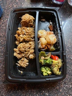 Bento box with walnut shrimp, fried rice and veggies. They forgot my CA roll and there's only 4 shrimps?!?! Lame.