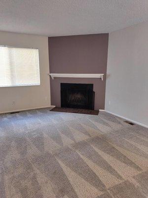 Living room with wood burning fire place