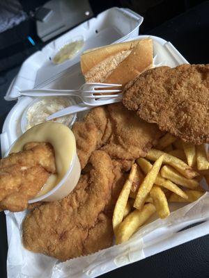 Chicken platter for $13.70 -5 giant fingers -sea of fries -coleslaw -fresh roll -choice of dipping sauce