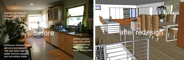 before and after kitchen design which removed walls and relaid out the kitchen to make it more open