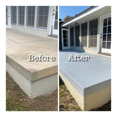 Repaired and resurfaced patio in whisper grey coloration.