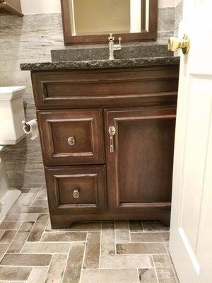 Maple vanity with Burnt Sienna finsih in the Brighton door style