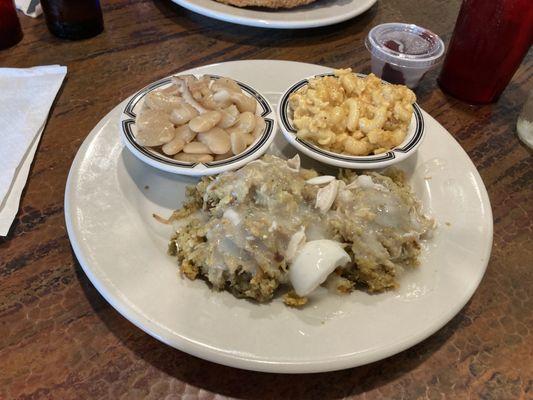 Chicken and dressing, butter beans and Mac n cheese.