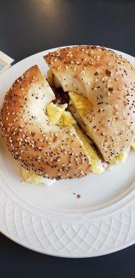 Bacon egg and cheese on everything bagel