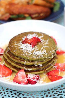 Matcha Pancakes ($12) - with lemon coconut curd sauce, fresh fruit, and shredded coconut. Tasty but doesn't really taste like matcha.