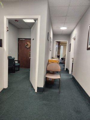 Waiting room on left, patient rooms on right.