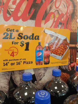 Wawa promo says buy (either) a 14" or 16" pizza, get a 2 liter soda for a dollar.