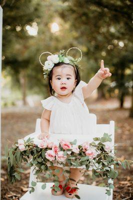 Stokke highchair is my own.  Hello Pretty Events decorated chair and provided Minnie Ears for photoshoot