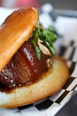 braised pork belly on a lightly fried bun