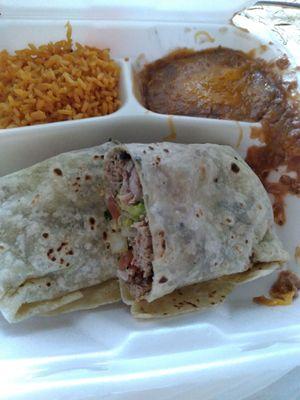 Lunch special- Carnitas Burrito w/ side of bean & cheese and rice.