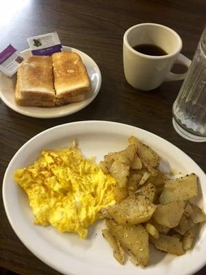 1 egg, toast, and potatoes with coffee and water