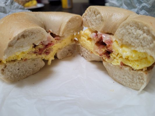 Bacon, egg and cheese on a plain bagel