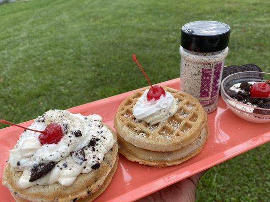 Cookie and Cream Waffles made 2 Ways with Cheesecake Filling and our Dessert Topping