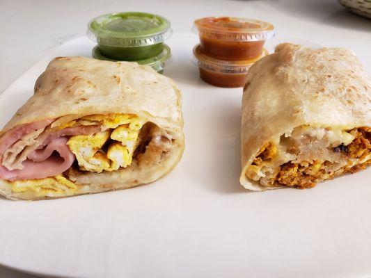 ham breakfast burrito, chorizo breakfast burrito