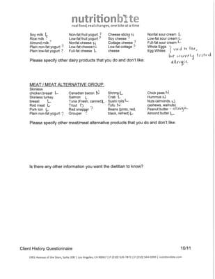 Sample page from questionnaire used to determine client food likes / dislikes used before meeting for an initial consultation