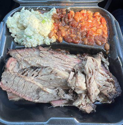 Brisket with potato salad and beans