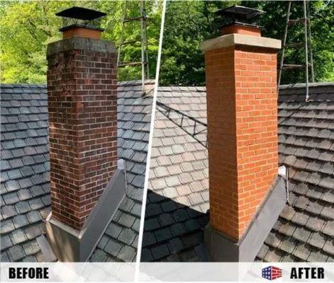 Before and after photo of complete chimney re-build