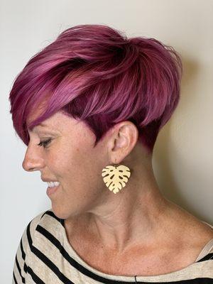 Beautiful pixie cut with a vivacious but sophisticated orchid color