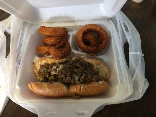 Philly cheesesteak and onion rings!