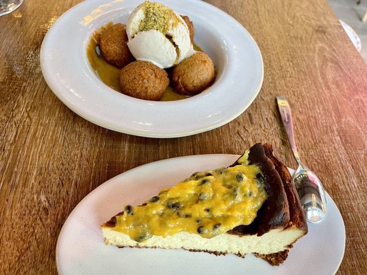 Passion fruit Basque cheesecake and Loukoumades