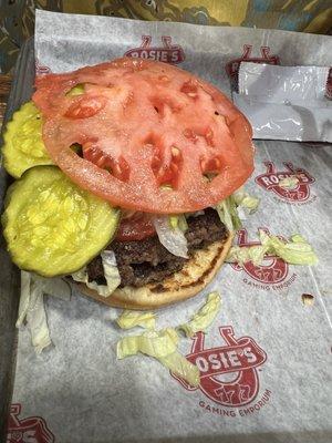 R Burger with extra tomato from another burger.