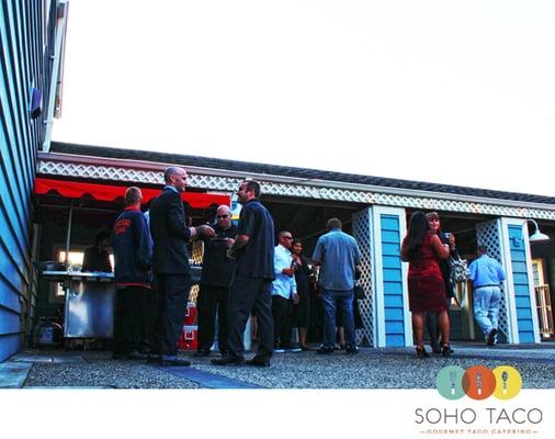 Taco catering during a wedding in the courtyard of the OC Sailing & Events Center.