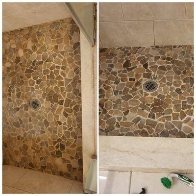 Before and after clean of shower floors