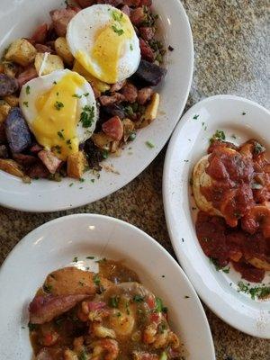 Sunday brunch- alligator hash, shrimp Creole and biscuits, and eggs laffitte.