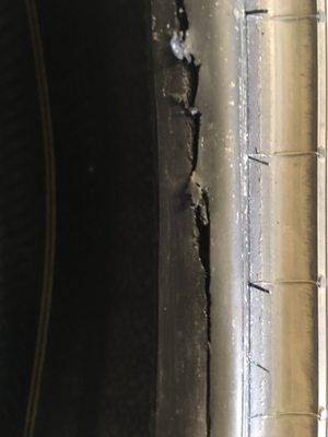 Here is the slash on the bead. Was it improper mounting method on the tire machine? The slash was over 90 degrees around.