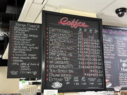 Coffee menu