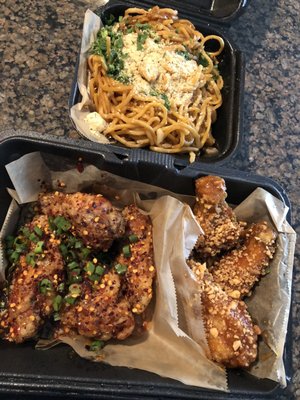 Garlic noods, saigon street wings (left) and peanut butter wings (right)!