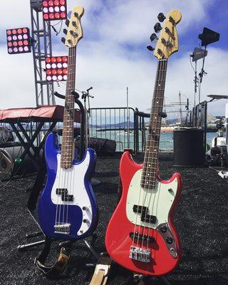 Two of my basses set up for a 4th of July gig to kick off the fireworks show next to the water in San Francisco, 2017.