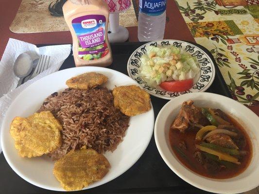 Tassot Cabrit (Fried Goat "tassot" style) with rice & fried plantain