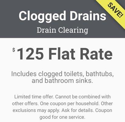 DRAIN CLEANING! $125 FLAT RATE! Show this coupon to redeem!